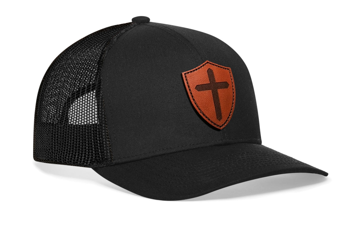 Cross Trucker Hat Shield Leather  |  Black Cross Snapback